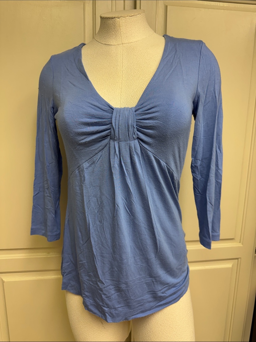 Banana Republic Light Blue Gathered V-Neck Long Sleeve Top